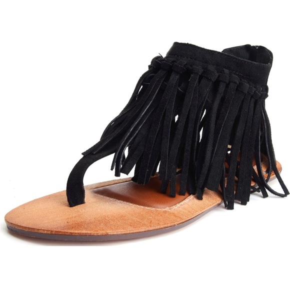Black Suede Fringe Ankle Zip Up Brown Sole Sandals - Picture 11 of 16